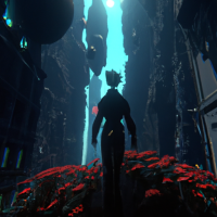 Astronaut looking up at a neo-brutalist evil space cathedral, dominated by central evil red spire, roses, neoclassical cyberpunk building, depth atmosphere, dust, highly detailed buildings, art nouveau cathedral, highly detailed buildings, dead nature, dying flowers and trees by Jean-Honoré Fragonard, 8k resolution, hyper-realistic, 4k cobalt blue cinematic blade runner, eerie, dark lighting, 12k