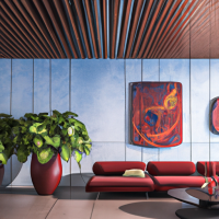 Interior of luxury condominium with minimalist furniture and lush house plants and abstract wall paintings | modern architecture by makoto shinkai, ilya kuvshinov, lois van baarle, rossdraws and frank lloyd wright