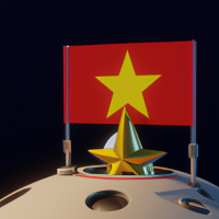 The Vietnamese flag is planted on the moon next to a Vietnamese spaceship made of very shiny stainless steel