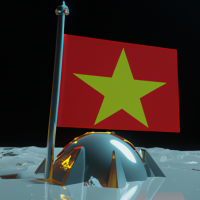 The Vietnamese flag is planted on the moon next to a Vietnamese spaceship made of very shiny stainless steel