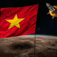 The Vietnamese flag is planted on the moon, next to it is a Vietnamese spaceship made of very shiny stainless steel, seen from afar is the Earth.