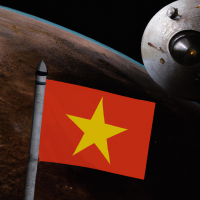 Vietnam's flag is planted on the spherical moon, next to it is a Vietnamese spaceship made of very shiny stainless steel, Earth seen from the moon